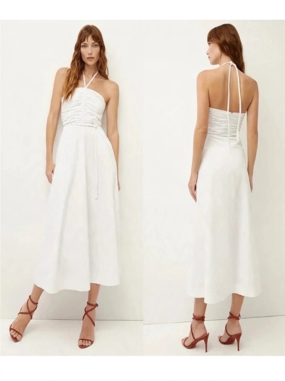 Veronica Beard White Strapless Ruched Halter Midi Dress